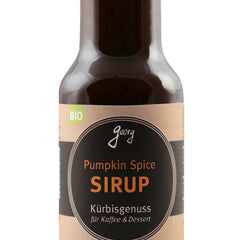 Flasche Bio Kürbis-Gewürzsirup (Pumpkin Spice) von Georgs Bio-Bauern für herbstliche Kaffeespezialitäten.