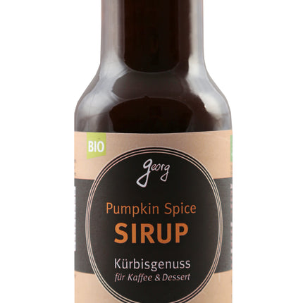 Flasche Bio Kürbis-Gewürzsirup (Pumpkin Spice) von Georgs Bio-Bauern für herbstliche Kaffeespezialitäten.