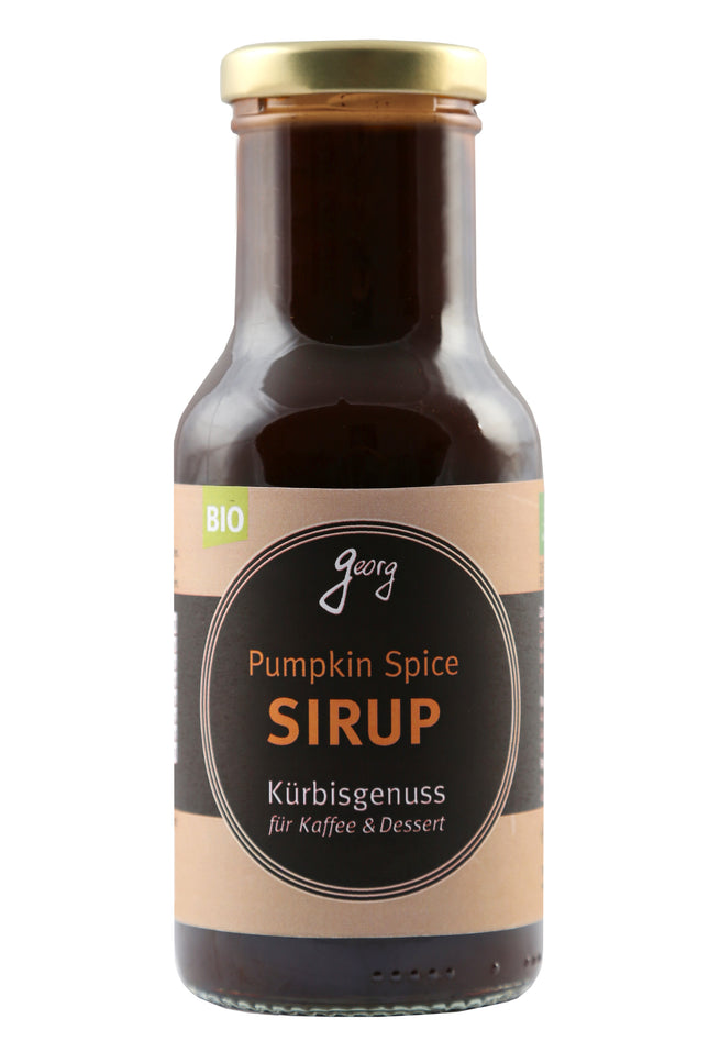 Flasche Bio Kürbis-Gewürzsirup (Pumpkin Spice) von Georgs Bio-Bauern für herbstliche Kaffeespezialitäten.