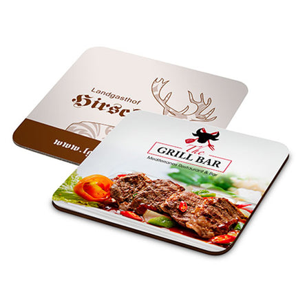 Individuelle Glasuntersetzer aus Holz oder MDF – mit Logo oder Foto