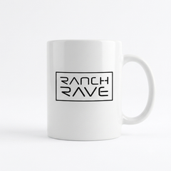 Klassische weiße Keramiktasse, bedruckt mit dem schwarzen Ranch Rave Logo